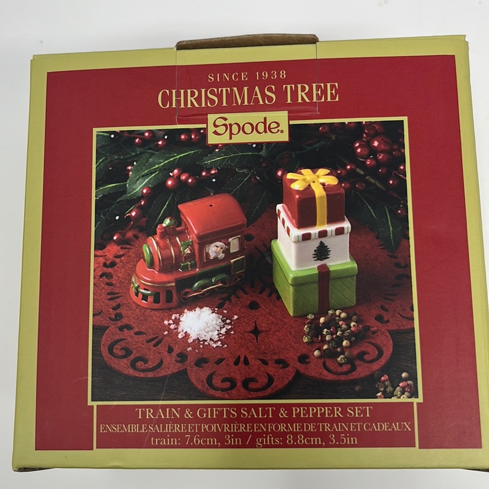 Spode Salt & Pepper Shakers Set Gift Tower train Christmas Tree Spode New in box